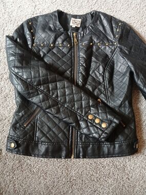 Quilted Black Women's Faux Leather Moto Jacket with Gold Hardware